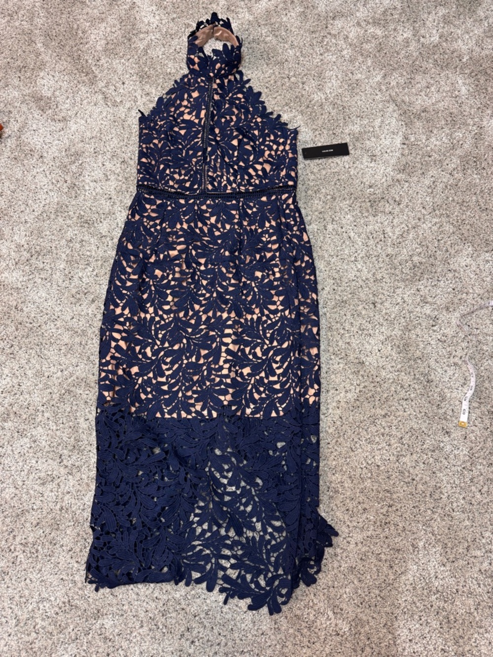 NWT Lulus Blue Floral Lace Halter Sheath Midi Dress Lined Zip Back Women M - Picture 2 of 10